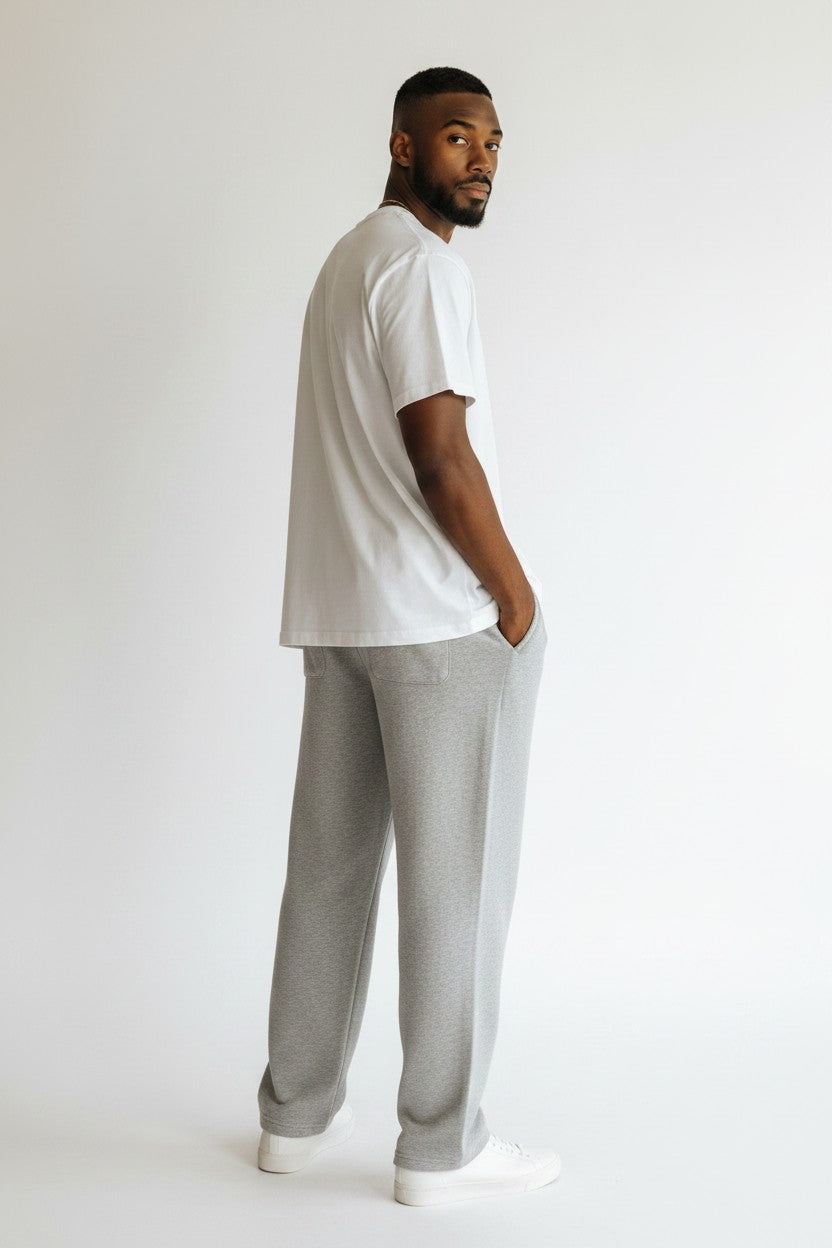 Stryvn grey cotton blend straight-leg sweatpants with elastic waistband and two back pockets.