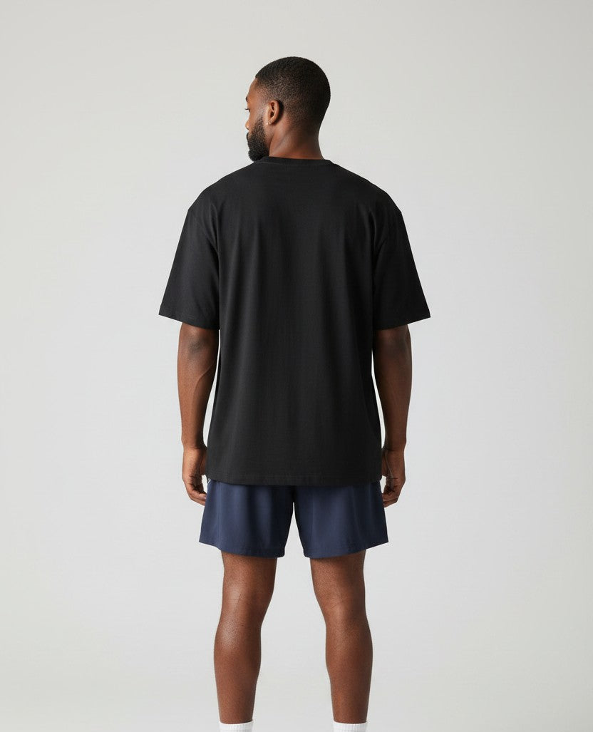 Stryvn men's navy blue athletic fit performance shorts with white side stripes and elastic waistband.