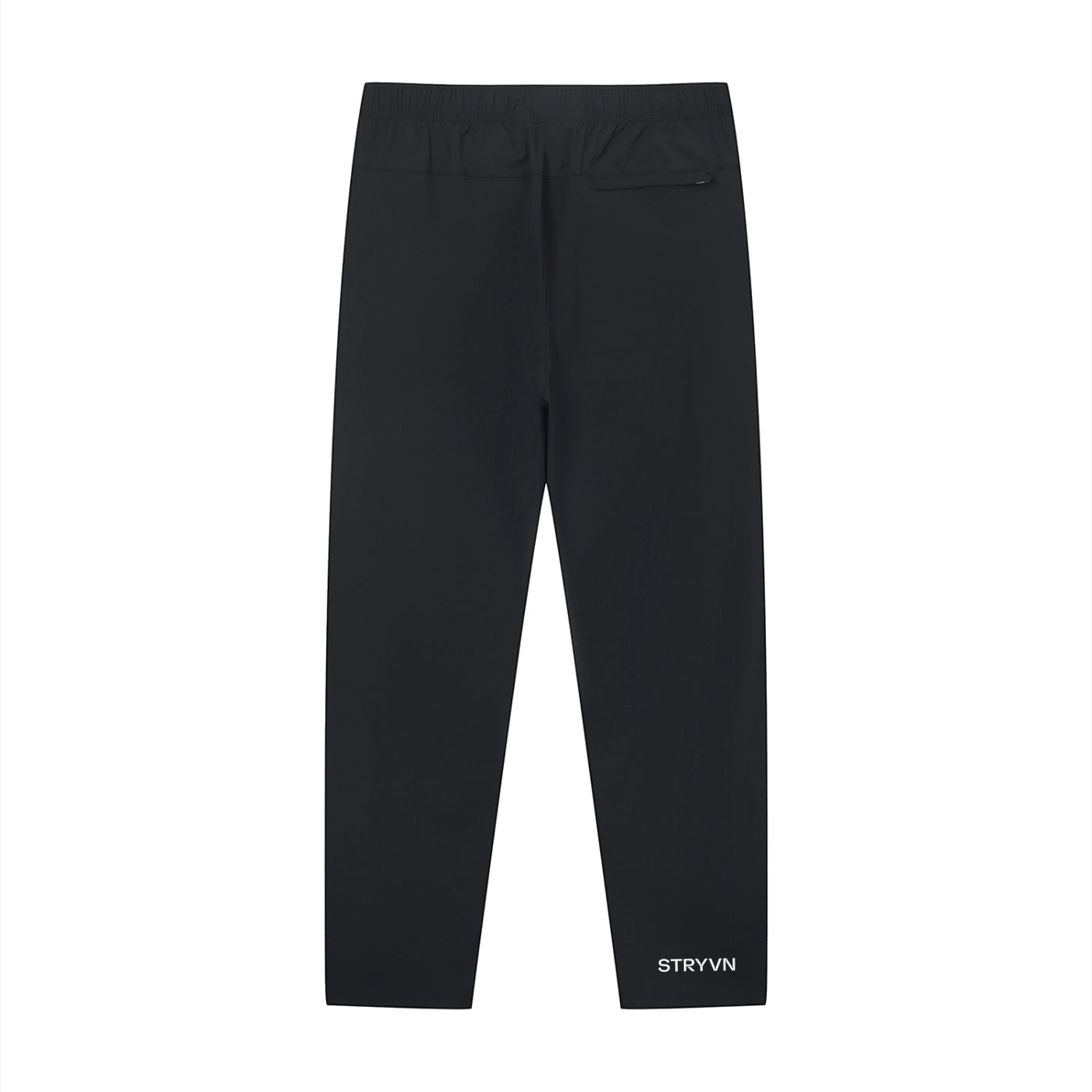 Stryvn black performance track pants with athletic fit and lightweight feel. Features a back pocket and subtle logo.