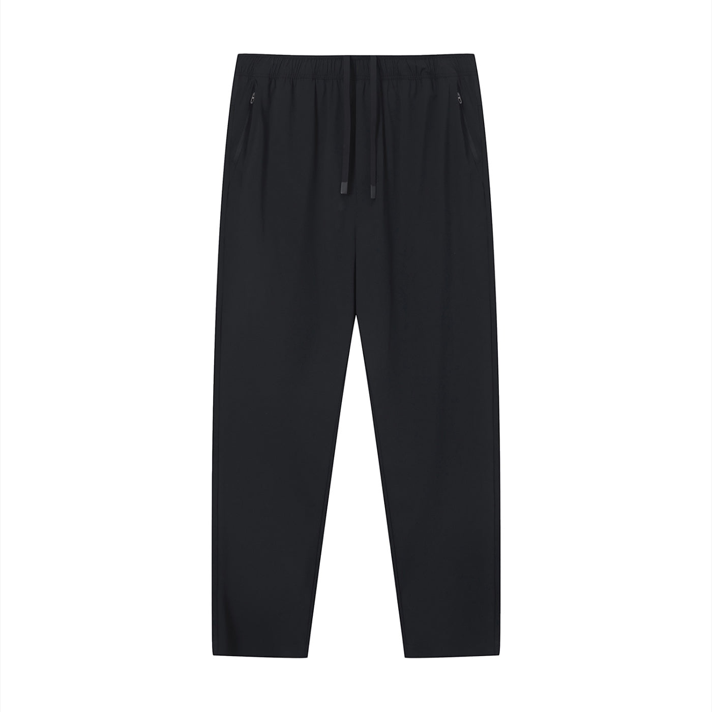 Stryvn black performance track pants with drawstring waist and zippered pockets. Athletic fit, lightweight material.